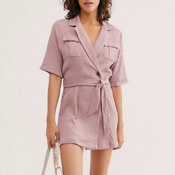 Free People Clementine Purple Ash Textured Linen Cotton Short Sleeve Mini Dress - Picture 1 of 8